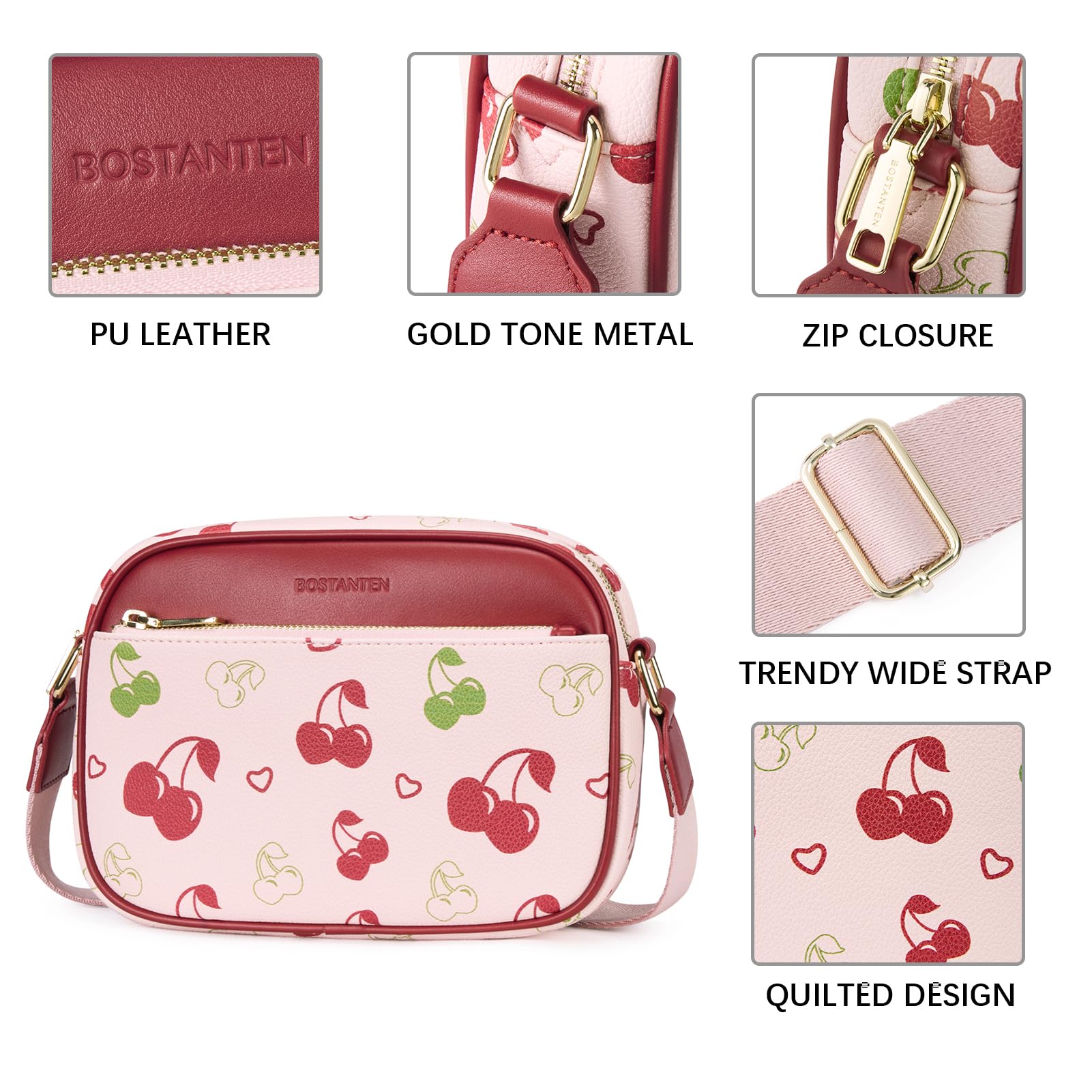 BOSTANTEN Quilted Crossbody Bags for Women Vegan Leather Purses Small Shoulder Handbags with Wide Strap Cherry - SkinNails&Makeup
