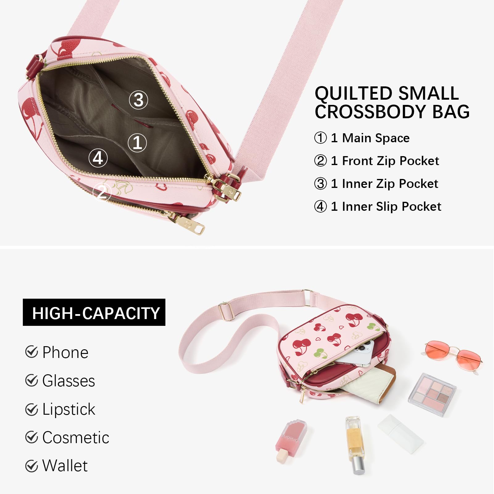 BOSTANTEN Quilted Crossbody Bags for Women Vegan Leather Purses Small Shoulder Handbags with Wide Strap Cherry - SkinNails&Makeup