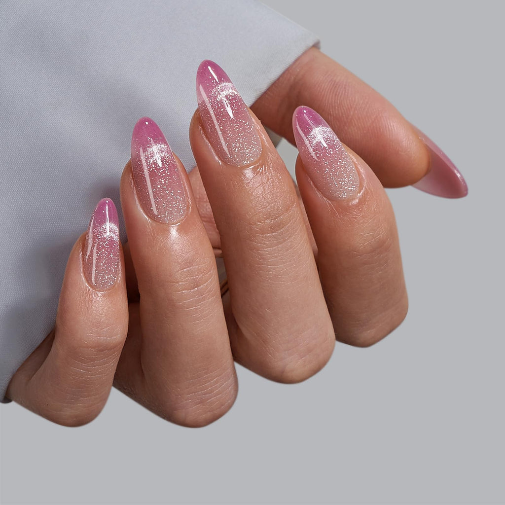 BTArtbox Almond Press On Nails Medium - Lamp - Curable Pink Cat Eye Press On Nails with Glue for Women, Semi - Transparent Soft Gel Glue On Nails in 15 Sizes - 30 Stick On Nails Kit, Rosy Dew - My Store