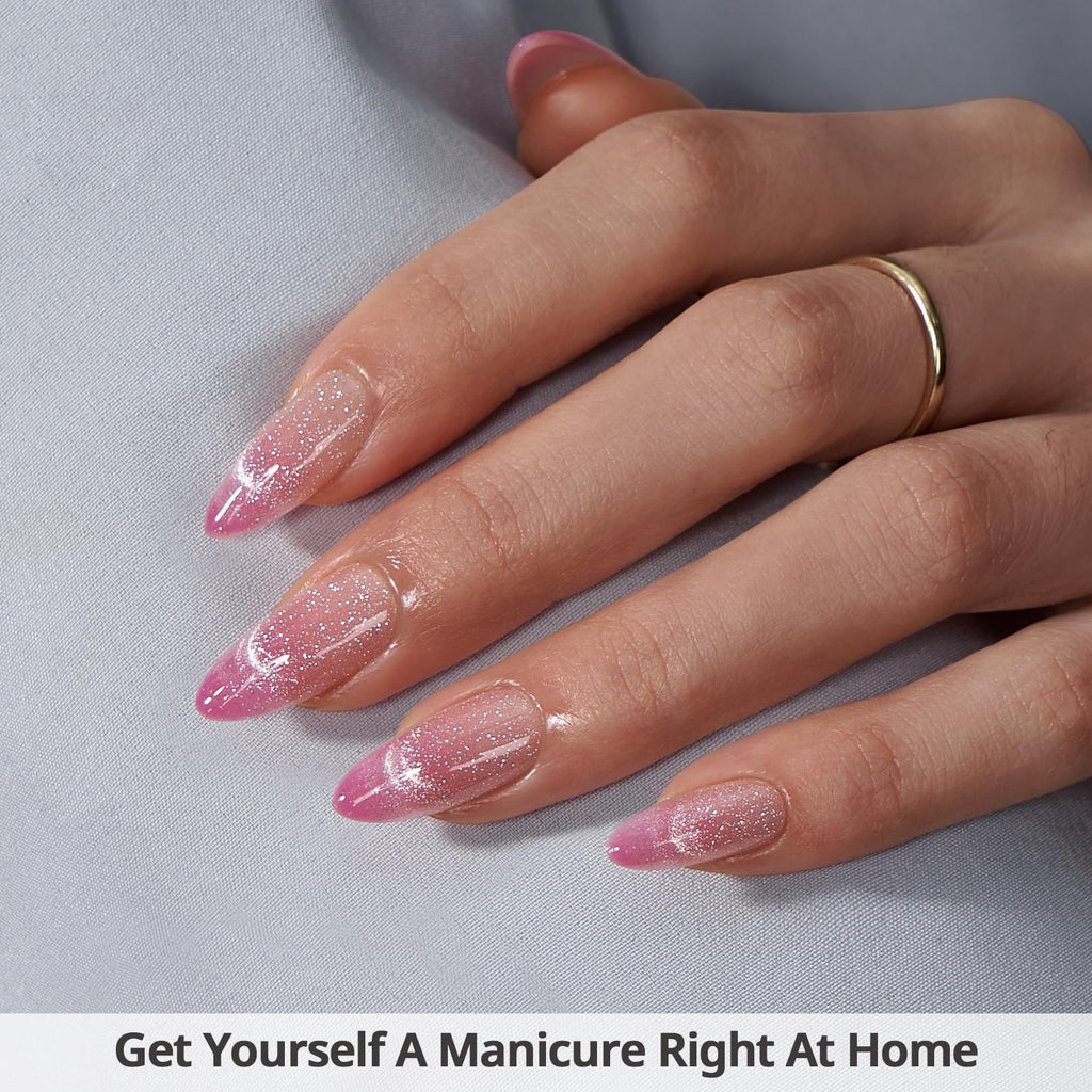 BTArtbox Almond Press On Nails Medium - Lamp - Curable Pink Cat Eye Press On Nails with Glue for Women, Semi - Transparent Soft Gel Glue On Nails in 15 Sizes - 30 Stick On Nails Kit, Rosy Dew - My Store