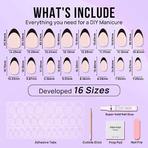 BTArtbox French Tip Press On Nails Almond - Black Press on Nails Short, Glue On Nails for Women Gift, Supremely Fit Natural Reusable Stick On Nails in 16 Sizes - 32 Fake Nails Kit, Black French - My Store
