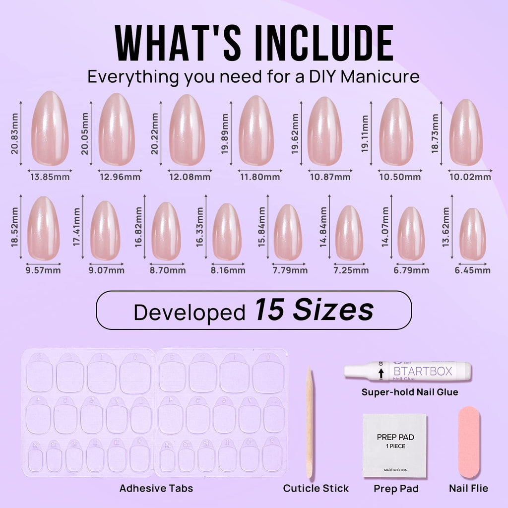 BTArtbox Press On Nails Almond - Short Nude Natural Nails Press Ons, Glue On Nails for Wedding Birthday Gift, Supremely Fit & Glossy Stick On Nails in 15 Sizes - 30 Nail Kit, Nudies - My Store
