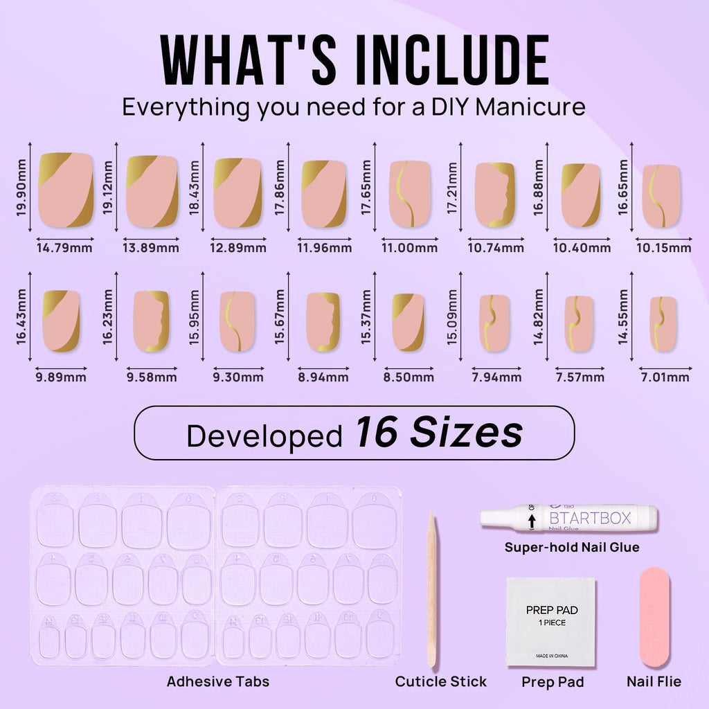 💅✨ BTArtbox Press On Nails Short Square Gold Leaf | Natural Winter Glue On Nails for Women Gifts | 30 Nail Kit with Nail Glue – Long Lasting Shine & Luxury Look 💛 - My Store