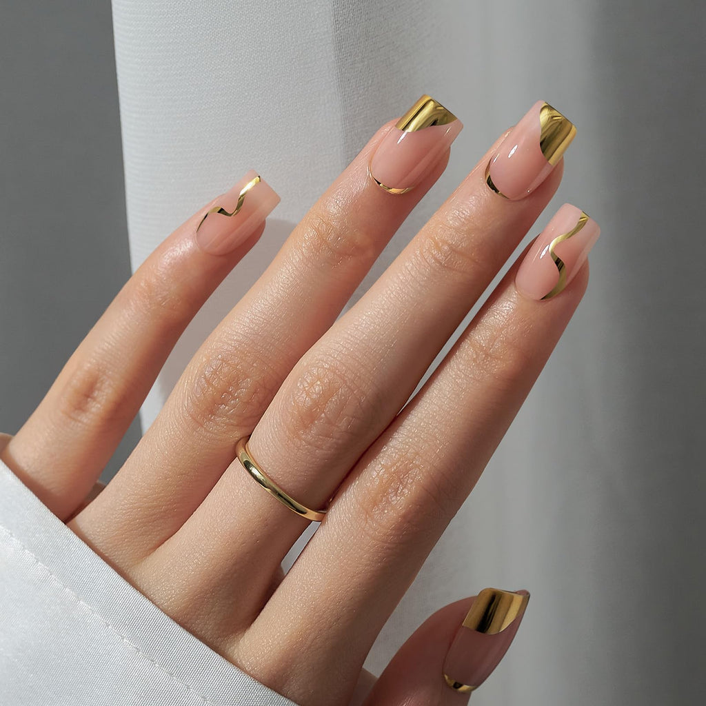 💅✨ BTArtbox Press On Nails Short Square Gold Leaf | Natural Winter Glue On Nails for Women Gifts | 30 Nail Kit with Nail Glue – Long Lasting Shine & Luxury Look 💛 - My Store
