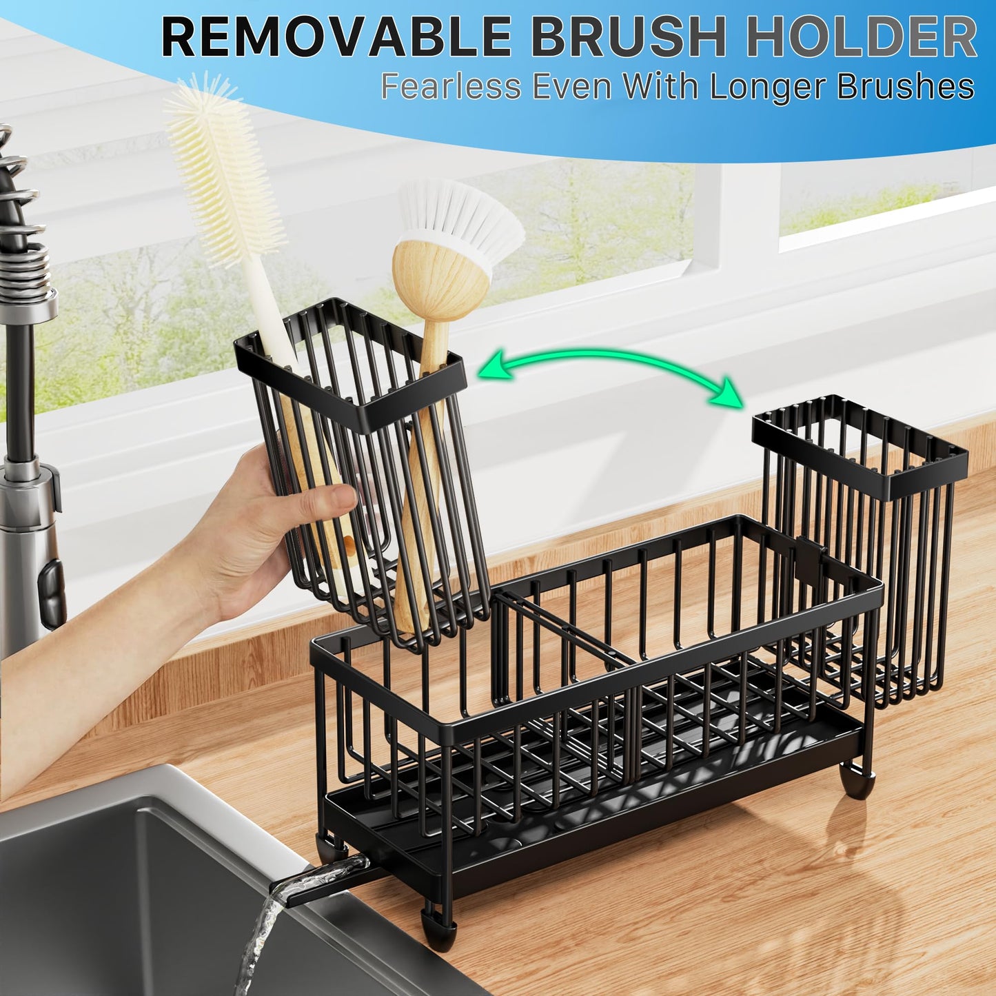 Cisily Sponge Holder for Kitchen Sink, Sink Caddy Organizer with High Brush Holder, Kitchen Countertop Organizers and Storage Essentials, Rustproof 304 Stainless Steel (Black, 9.25″) - SkinNails&Makeup
