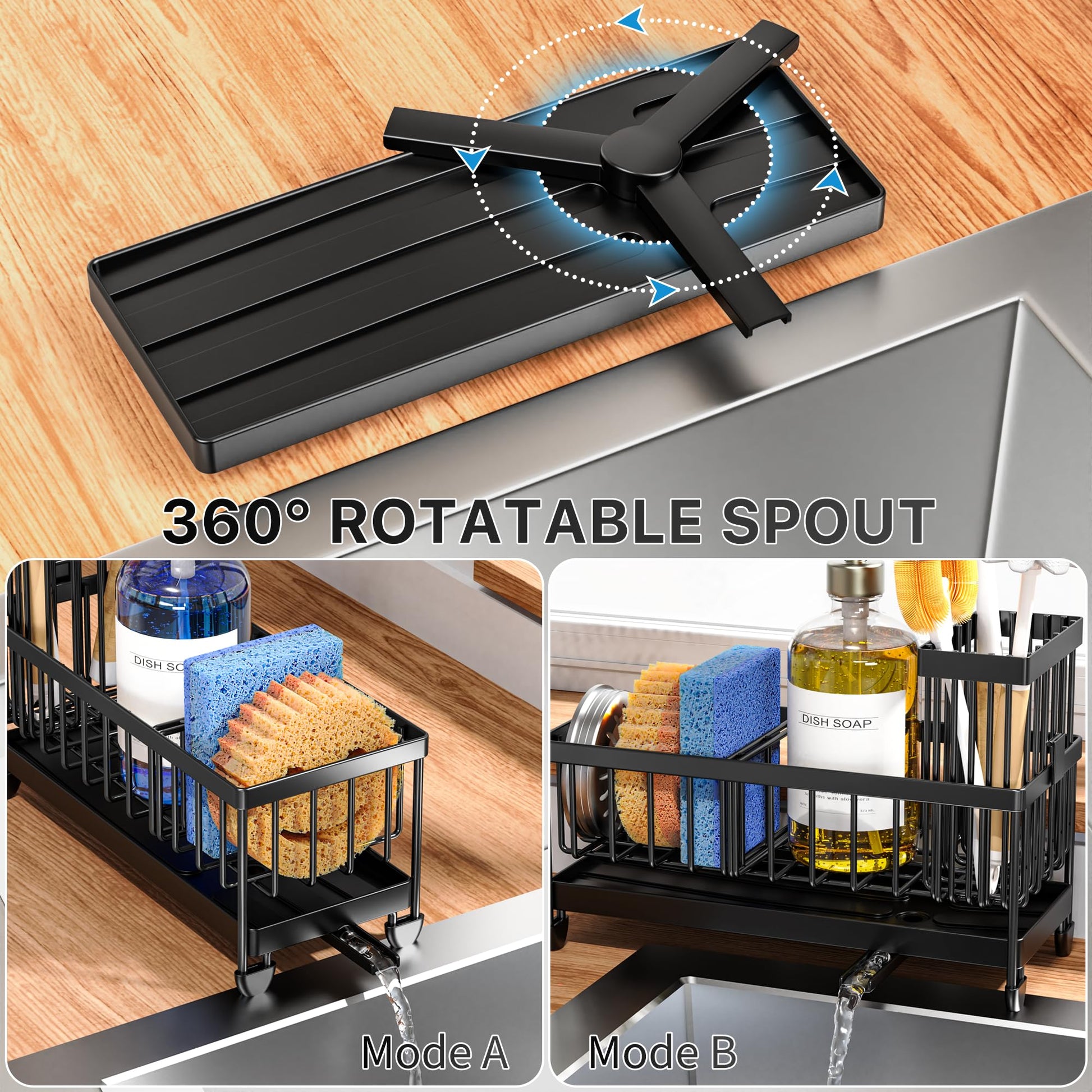 Cisily Sponge Holder for Kitchen Sink, Sink Caddy Organizer with High Brush Holder, Kitchen Countertop Organizers and Storage Essentials, Rustproof 304 Stainless Steel (Black, 9.25″) - SkinNails&Makeup