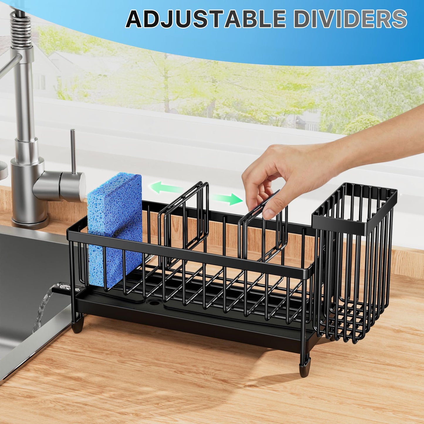Cisily Sponge Holder for Kitchen Sink, Sink Caddy Organizer with High Brush Holder, Kitchen Countertop Organizers and Storage Essentials, Rustproof 304 Stainless Steel (Black, 9.25″) - SkinNails&Makeup