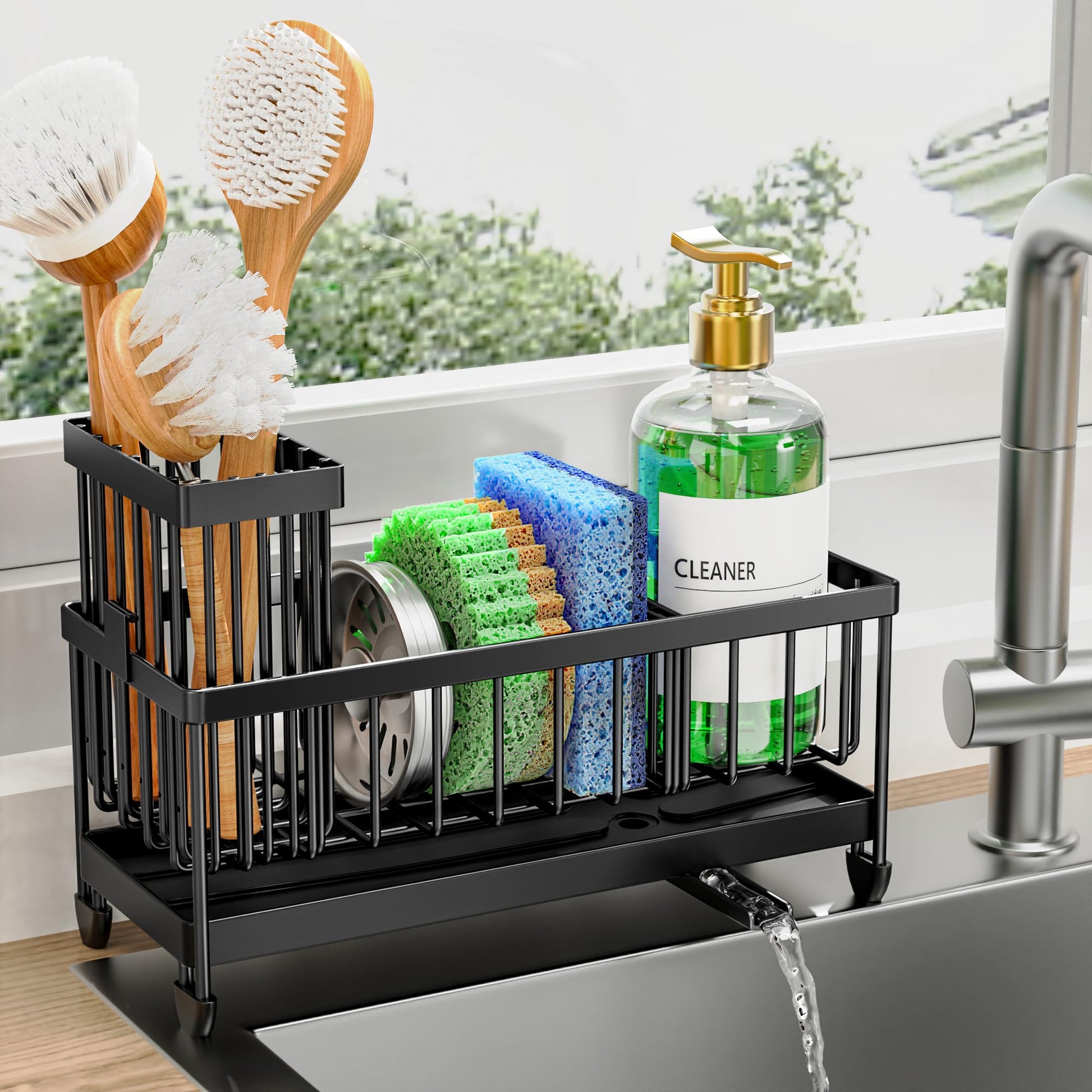 Cisily Sponge Holder for Kitchen Sink, Sink Caddy Organizer with High Brush Holder, Kitchen Countertop Organizers and Storage Essentials, Rustproof 304 Stainless Steel (Black, 9.25″) - SkinNails&Makeup