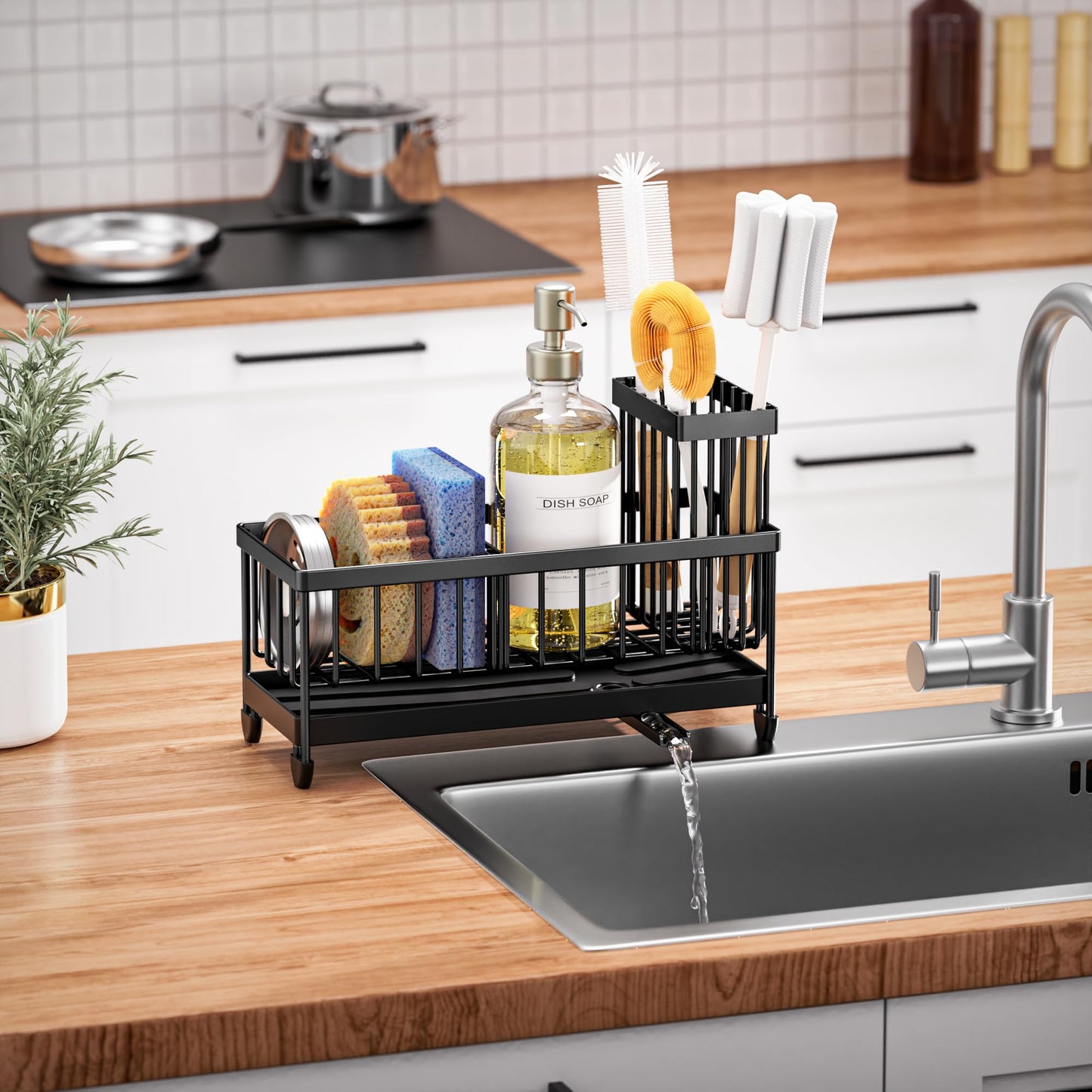 Cisily Sponge Holder for Kitchen Sink, Sink Caddy Organizer with High Brush Holder, Kitchen Countertop Organizers and Storage Essentials, Rustproof 304 Stainless Steel (Black, 9.25″) - SkinNails&Makeup