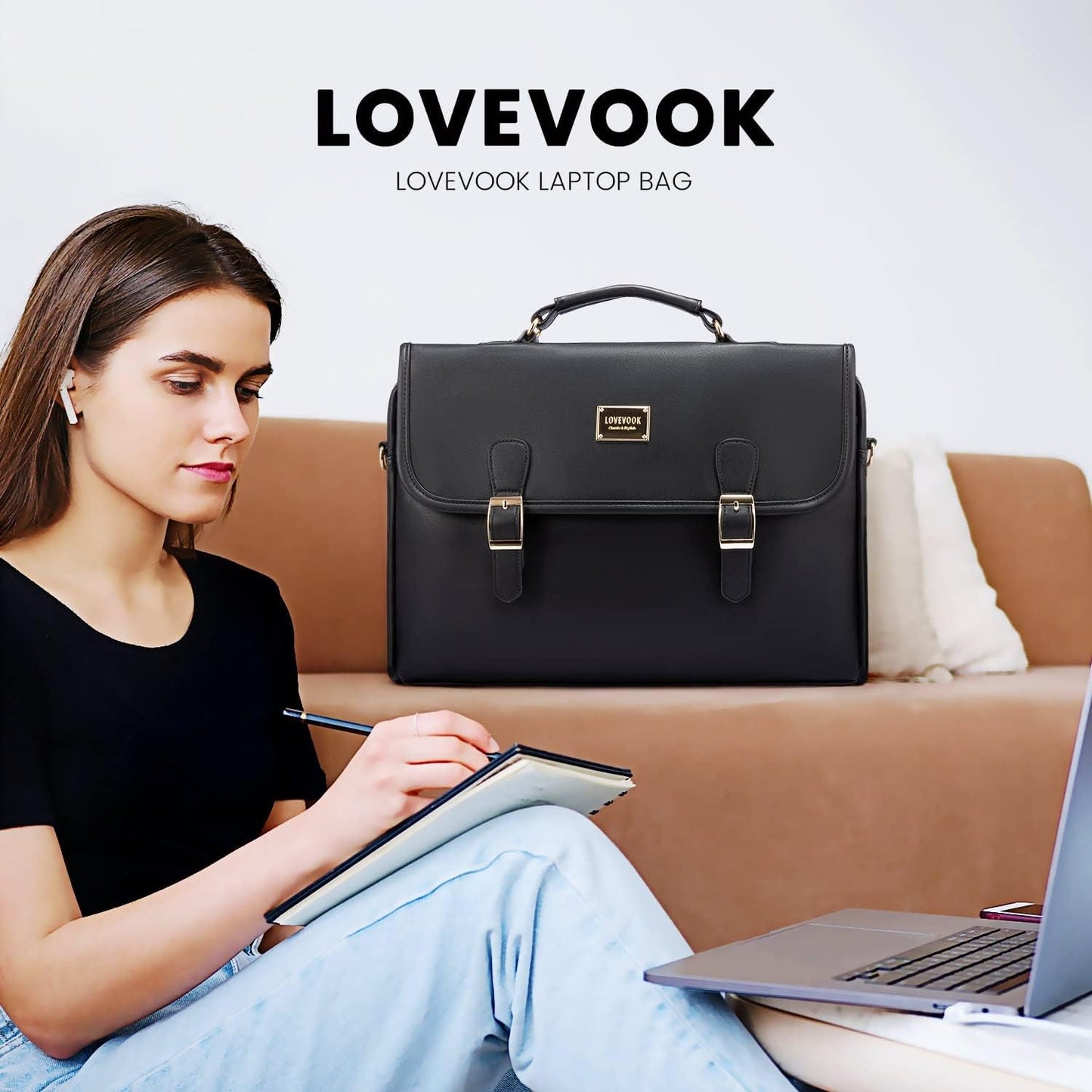 Computer Bag Laptop Bag for Women Cute PU Laptop Messenger Bag for Work College,Black - SkinNails&Makeup