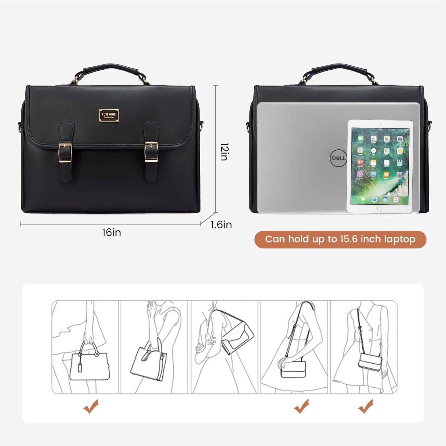 Computer Bag Laptop Bag for Women Cute PU Laptop Messenger Bag for Work College,Black - SkinNails&Makeup
