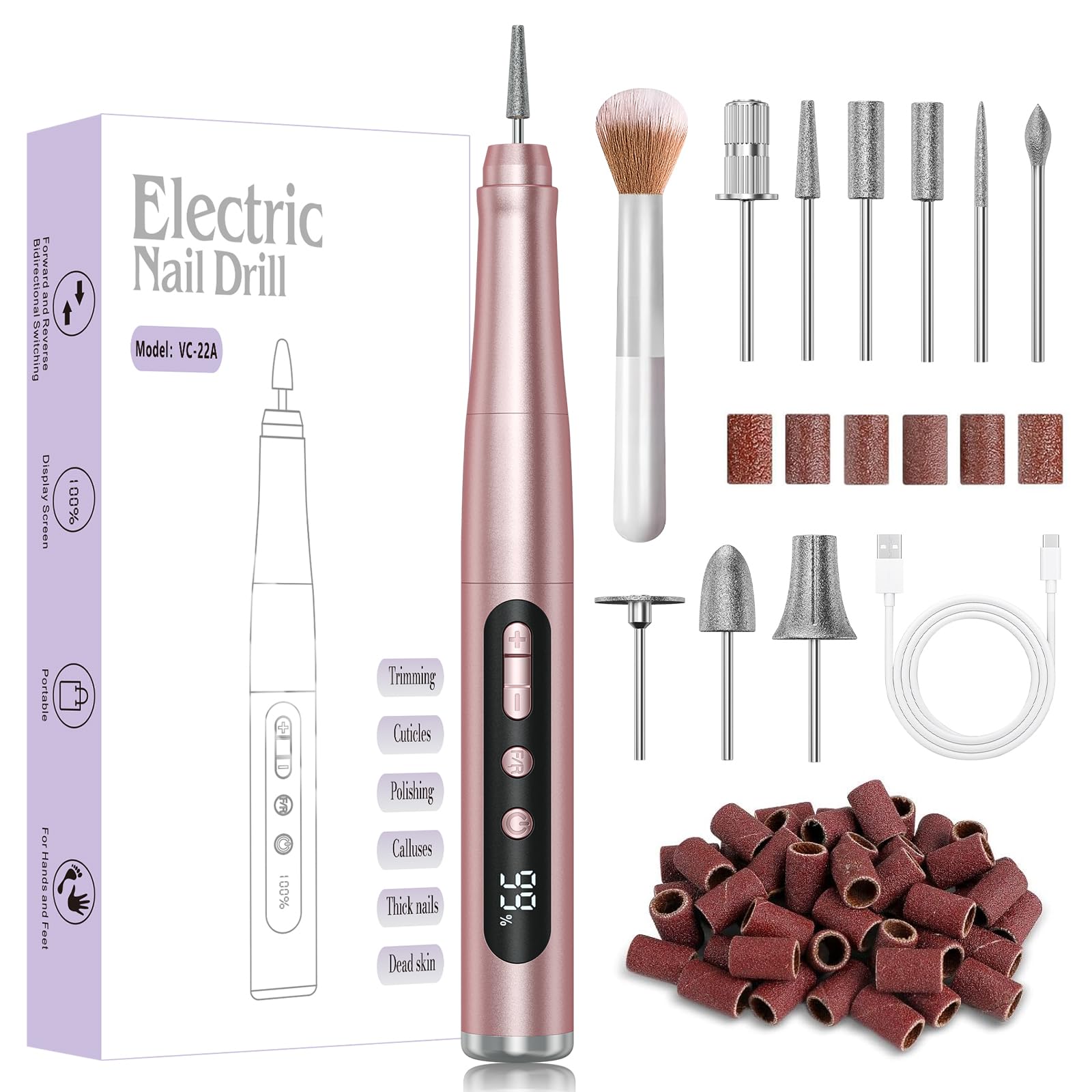 Cordless Nail Drill 35000RPM, Portable Electric Nail File for Acrylic Gel Nails, Professional Manicure Pedicure Kit, Rechargeable Pedicure Tools for feet with LCD Display, Low Noise Low Vibration - SkinNails&Makeup