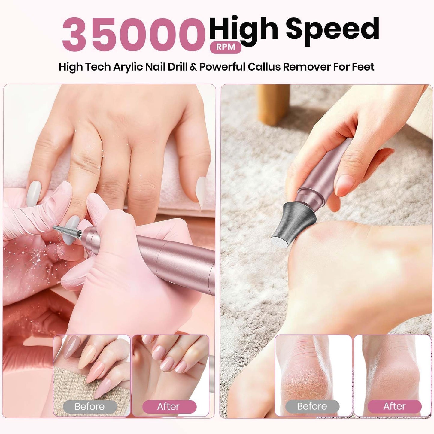 Cordless Nail Drill 35000RPM, Portable Electric Nail File for Acrylic Gel Nails, Professional Manicure Pedicure Kit, Rechargeable Pedicure Tools for feet with LCD Display, Low Noise Low Vibration - SkinNails&Makeup
