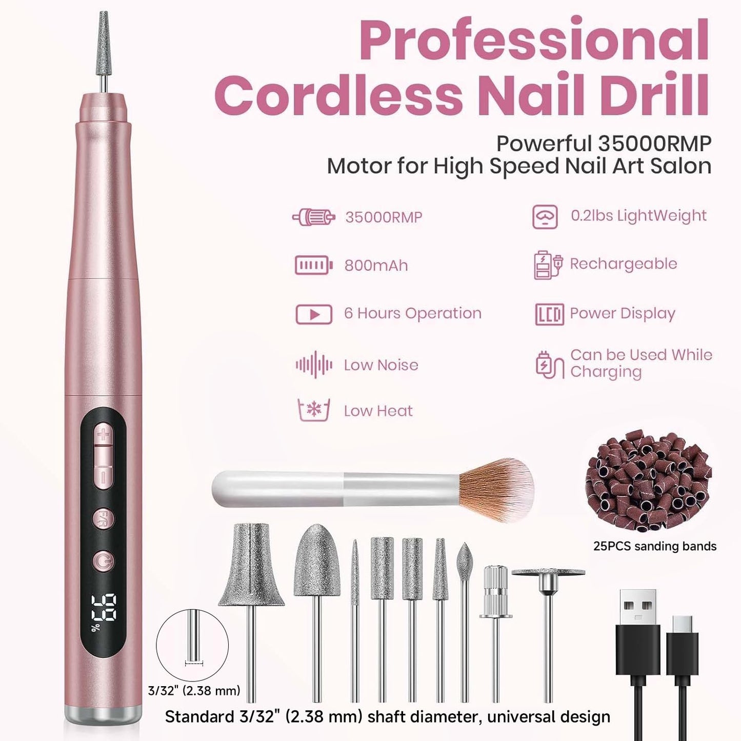 Cordless Nail Drill 35000RPM, Portable Electric Nail File for Acrylic Gel Nails, Professional Manicure Pedicure Kit, Rechargeable Pedicure Tools for feet with LCD Display, Low Noise Low Vibration - SkinNails&Makeup