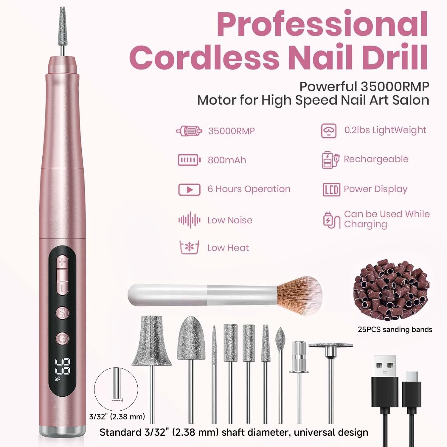 Cordless Nail Drill 35000RPM, Portable Electric Nail File for Acrylic Gel Nails, Professional Manicure Pedicure Kit, Rechargeable Pedicure Tools for feet with LCD Display, Low Noise Low Vibration - SkinNails&Makeup