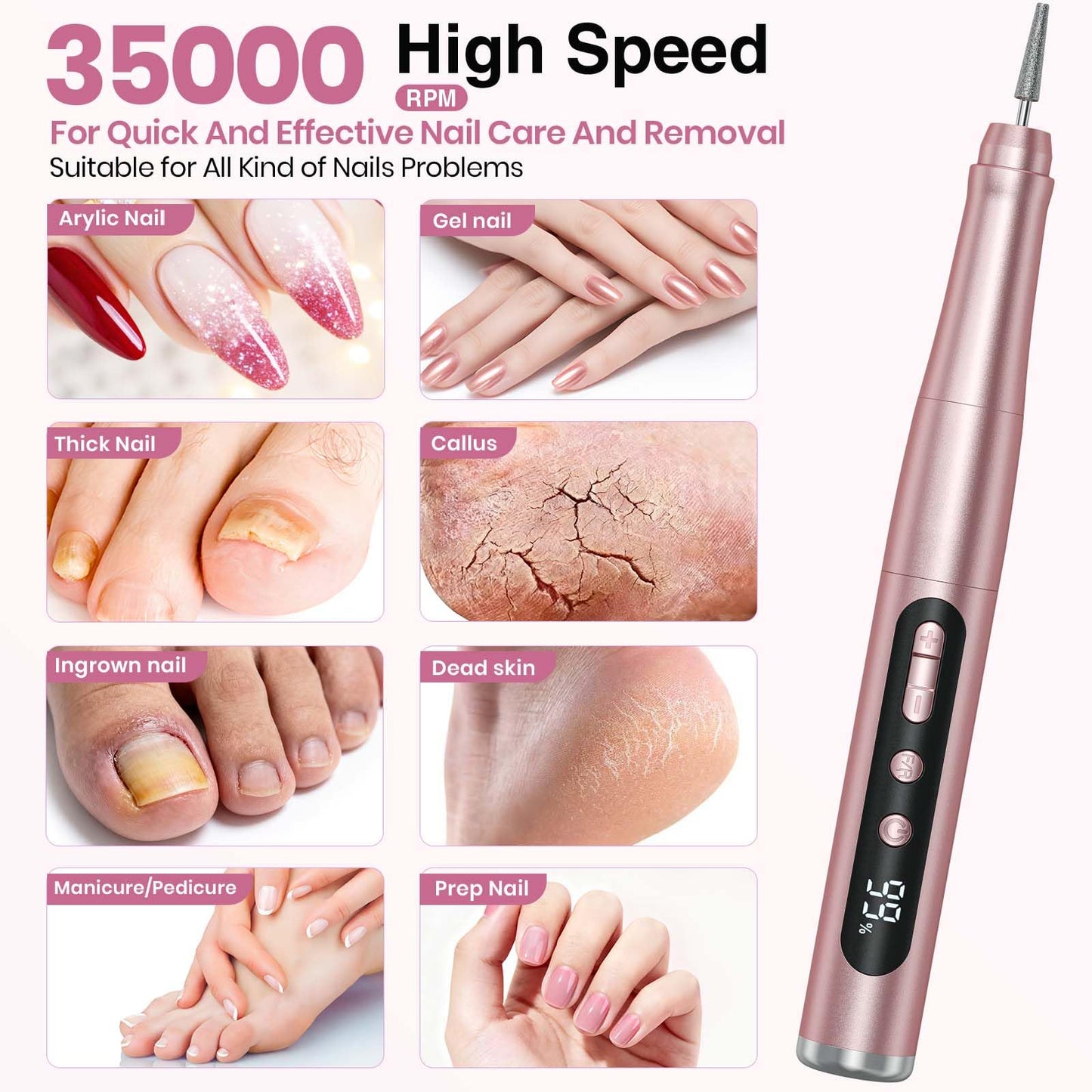 Cordless Nail Drill 35000RPM, Portable Electric Nail File for Acrylic Gel Nails, Professional Manicure Pedicure Kit, Rechargeable Pedicure Tools for feet with LCD Display, Low Noise Low Vibration - SkinNails&Makeup