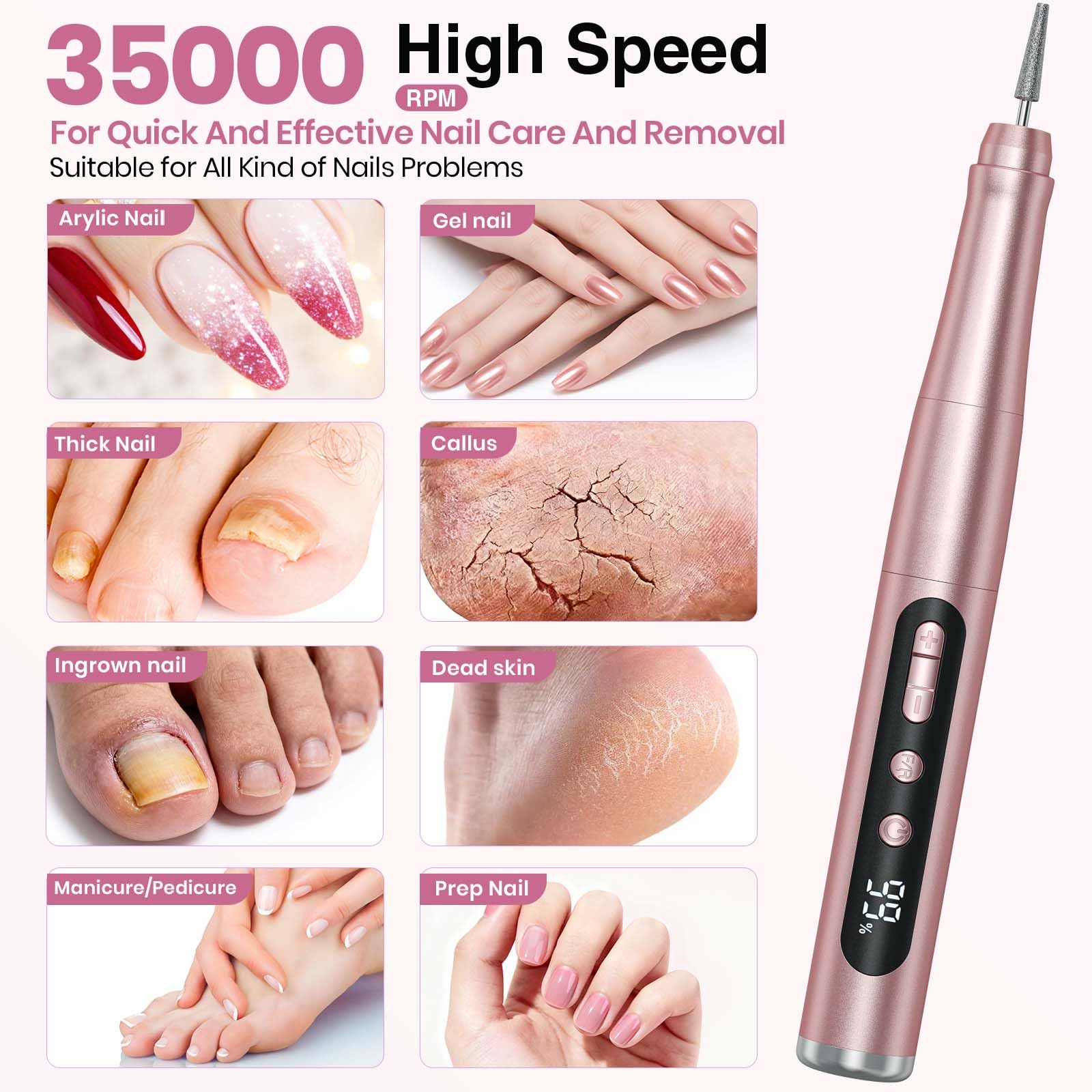 Cordless Nail Drill 35000RPM, Portable Electric Nail File for Acrylic Gel Nails, Professional Manicure Pedicure Kit, Rechargeable Pedicure Tools for feet with LCD Display, Low Noise Low Vibration - SkinNails&Makeup