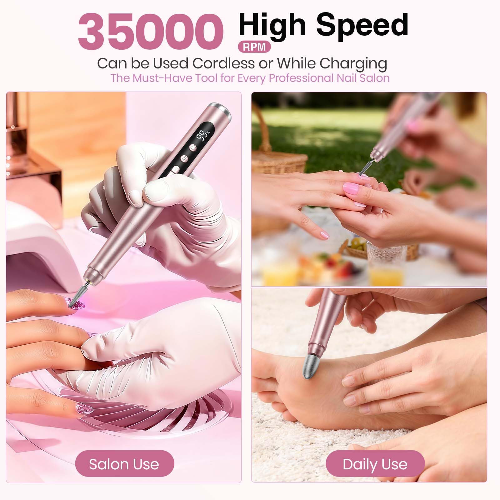 Cordless Nail Drill 35000RPM, Portable Electric Nail File for Acrylic Gel Nails, Professional Manicure Pedicure Kit, Rechargeable Pedicure Tools for feet with LCD Display, Low Noise Low Vibration - SkinNails&Makeup