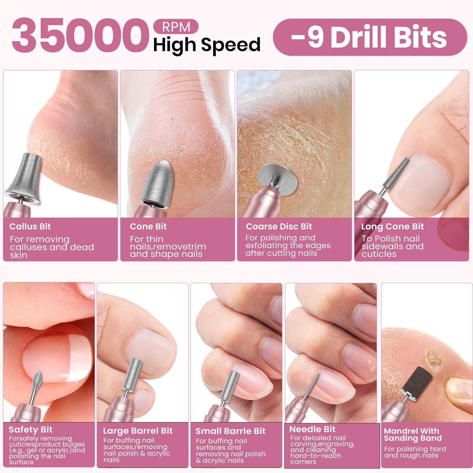 Cordless Nail Drill 35000RPM, Portable Electric Nail File for Acrylic Gel Nails, Professional Manicure Pedicure Kit, Rechargeable Pedicure Tools for feet with LCD Display, Low Noise Low Vibration - SkinNails&Makeup