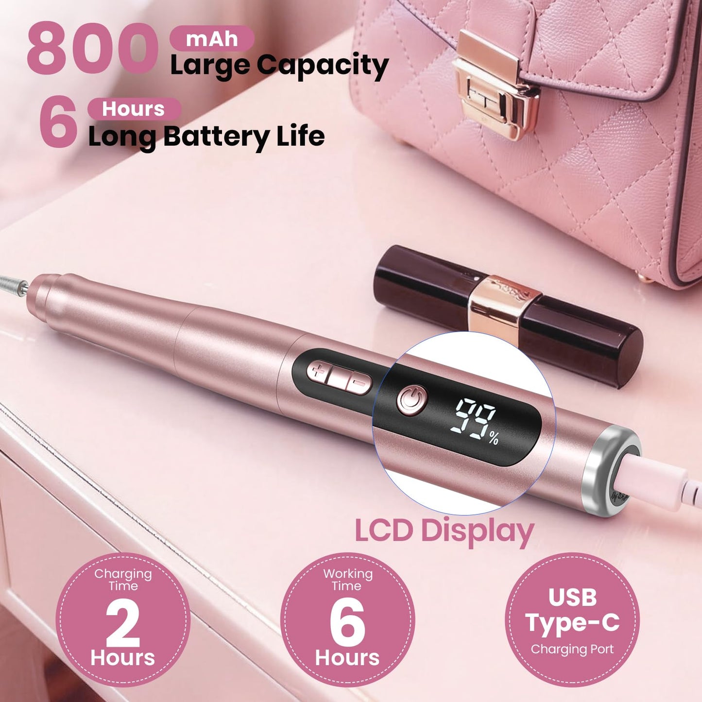 Cordless Nail Drill 35000RPM, Portable Electric Nail File for Acrylic Gel Nails, Professional Manicure Pedicure Kit, Rechargeable Pedicure Tools for feet with LCD Display, Low Noise Low Vibration - SkinNails&Makeup