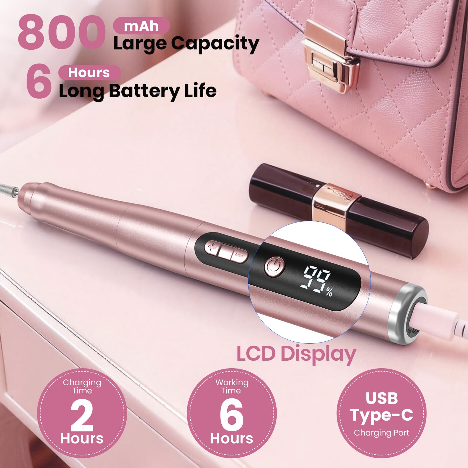 Cordless Nail Drill 35000RPM, Portable Electric Nail File for Acrylic Gel Nails, Professional Manicure Pedicure Kit, Rechargeable Pedicure Tools for feet with LCD Display, Low Noise Low Vibration - SkinNails&Makeup