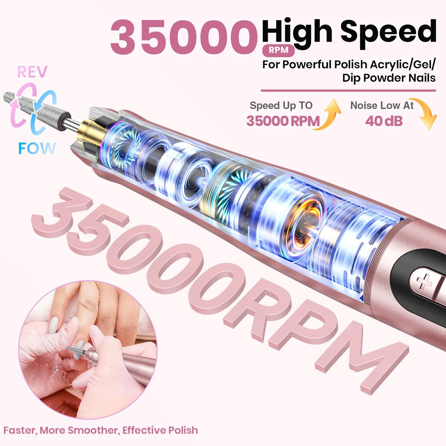 Cordless Nail Drill 35000RPM, Portable Electric Nail File for Acrylic Gel Nails, Professional Manicure Pedicure Kit, Rechargeable Pedicure Tools for feet with LCD Display, Low Noise Low Vibration - SkinNails&Makeup