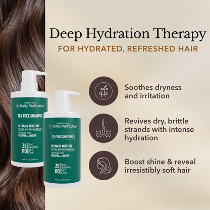 Daily Perfection Tea Tree Shampoo and Conditioner Set - Ultimate Moisture Hair Care Duo with Biotin and Keratin for Dry and Damaged Hair - Salt, Sulfate and Paraben Free - 16.9 Fl Oz Each, 2 - Piece Set - SkinNails&Makeup