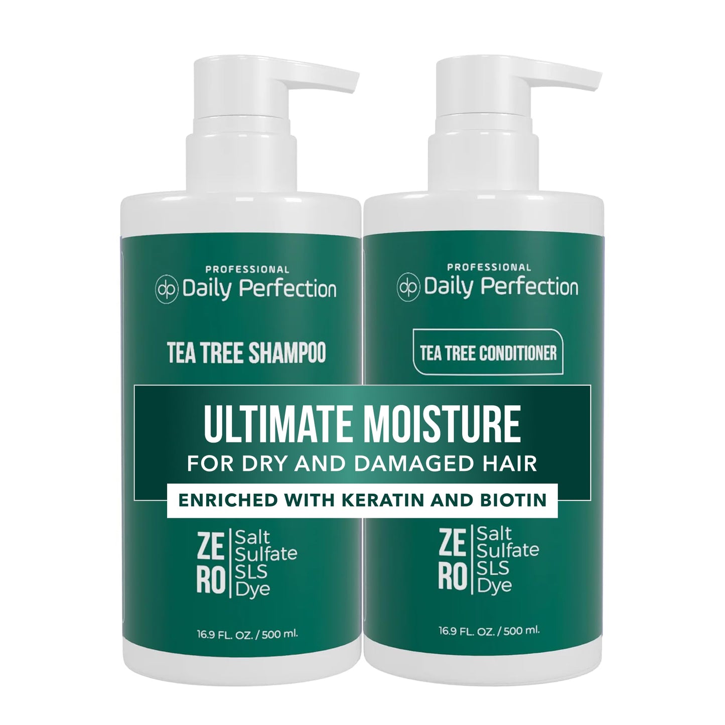 Daily Perfection Tea Tree Shampoo and Conditioner Set - Ultimate Moisture Hair Care Duo with Biotin and Keratin for Dry and Damaged Hair - Salt, Sulfate and Paraben Free - 16.9 Fl Oz Each, 2 - Piece Set - SkinNails&Makeup