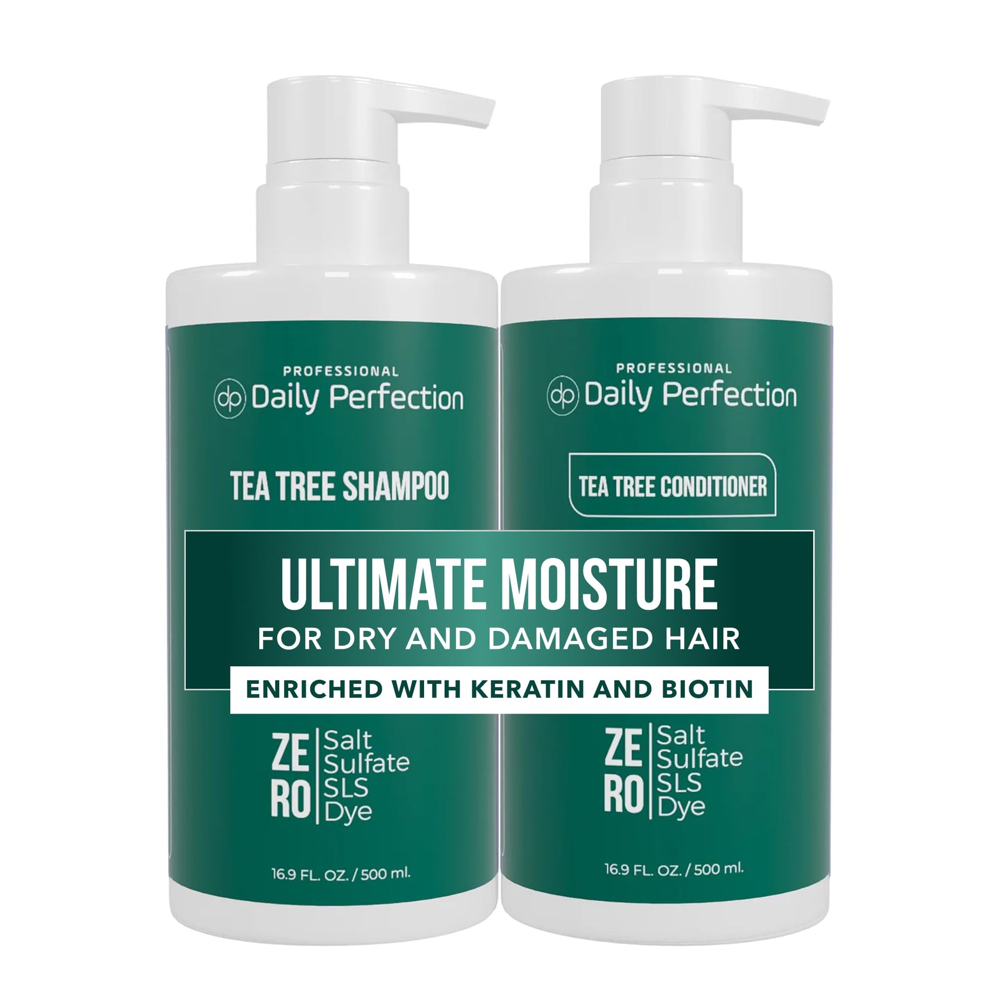 Daily Perfection Tea Tree Shampoo and Conditioner Set - Ultimate Moisture Hair Care Duo with Biotin and Keratin for Dry and Damaged Hair - Salt, Sulfate and Paraben Free - 16.9 Fl Oz Each, 2 - Piece Set - SkinNails&Makeup