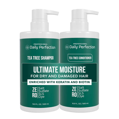 Daily Perfection Tea Tree Shampoo and Conditioner Set - Ultimate Moisture Hair Care Duo with Biotin and Keratin for Dry and Damaged Hair - Salt, Sulfate and Paraben Free - 16.9 Fl Oz Each, 2 - Piece Set - SkinNails&Makeup