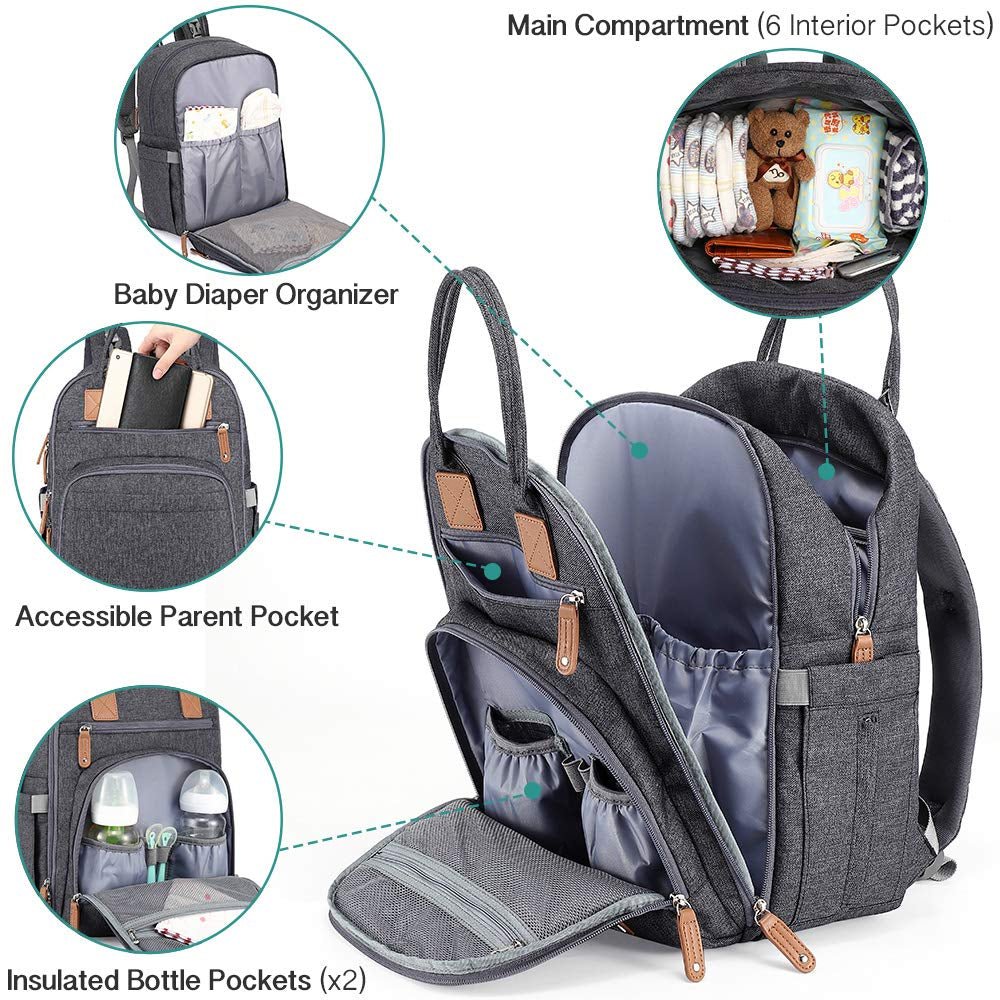 Diaper Bag Backpack, Large Unisex Baby Bags Multifunction Travel Back Pack for Mom and Dad with Changing Pad and Stroller Straps, Dark Gray - SkinNails&Makeup