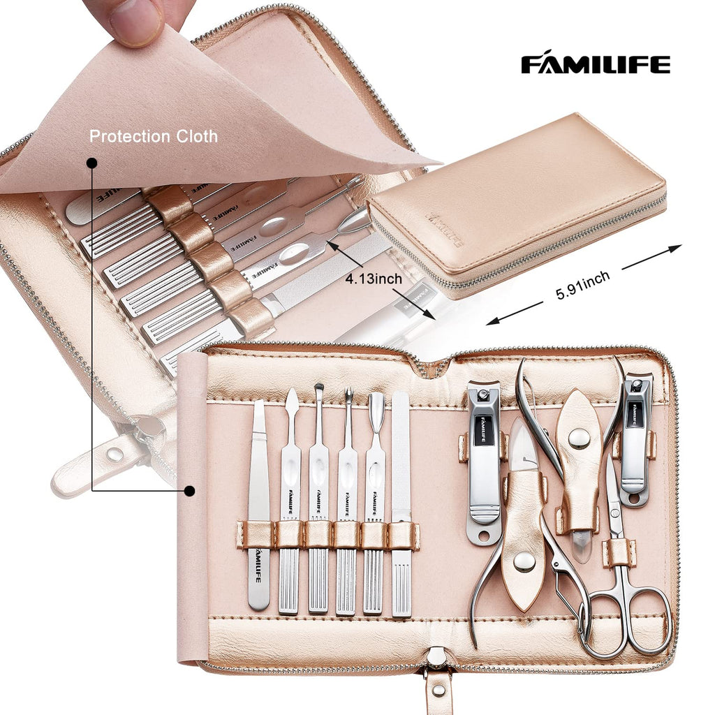 FAMILIFE Gifts for Women, Manicure Set Professional Manicure Kit 11 in 1 Nail Kit Nail Clippers Tools Stainless Steel with Rose Gold Leather Case Travel Sets - SkinNails&Makeup