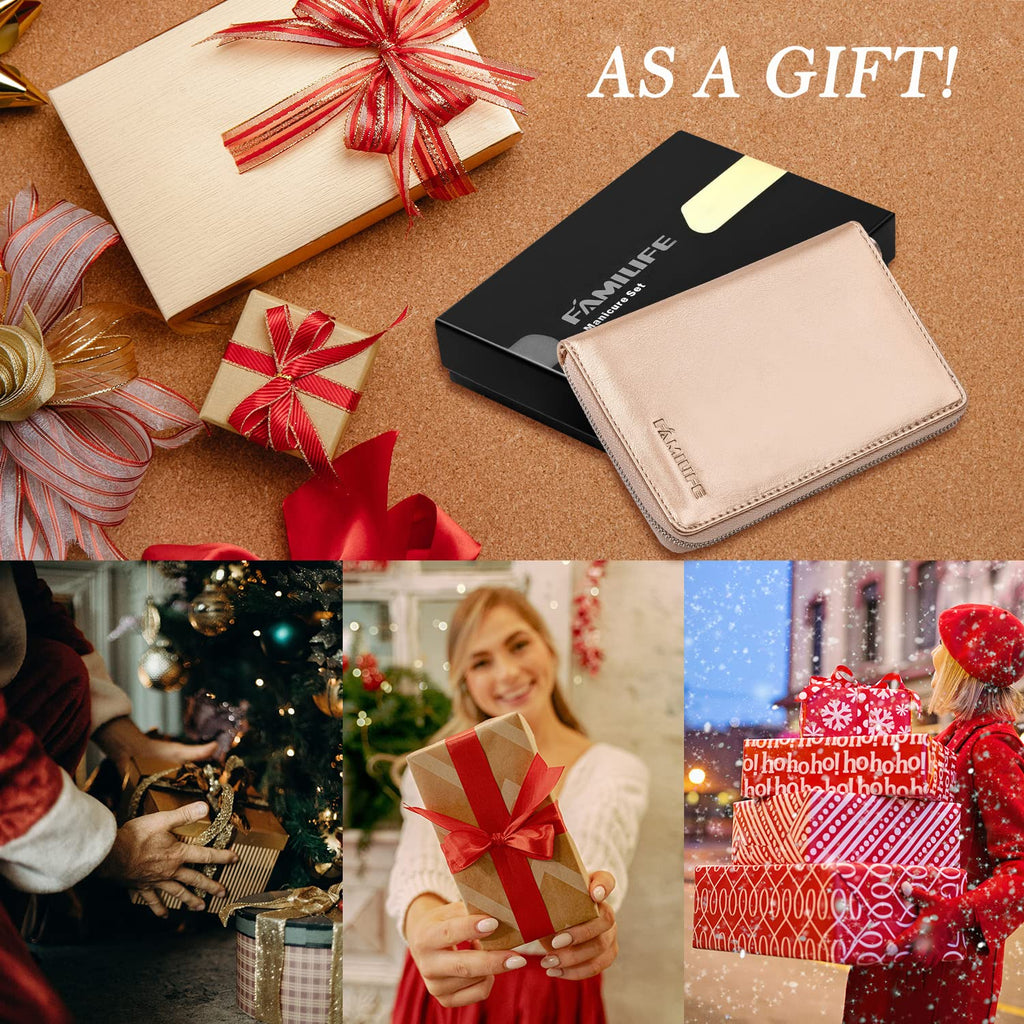 FAMILIFE Gifts for Women, Manicure Set Professional Manicure Kit 11 in 1 Nail Kit Nail Clippers Tools Stainless Steel with Rose Gold Leather Case Travel Sets - SkinNails&Makeup