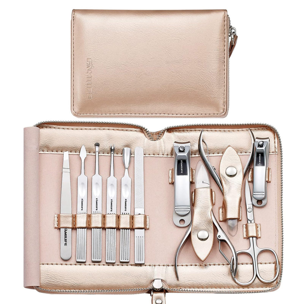 FAMILIFE Gifts for Women, Manicure Set Professional Manicure Kit 11 in 1 Nail Kit Nail Clippers Tools Stainless Steel with Rose Gold Leather Case Travel Sets - SkinNails&Makeup