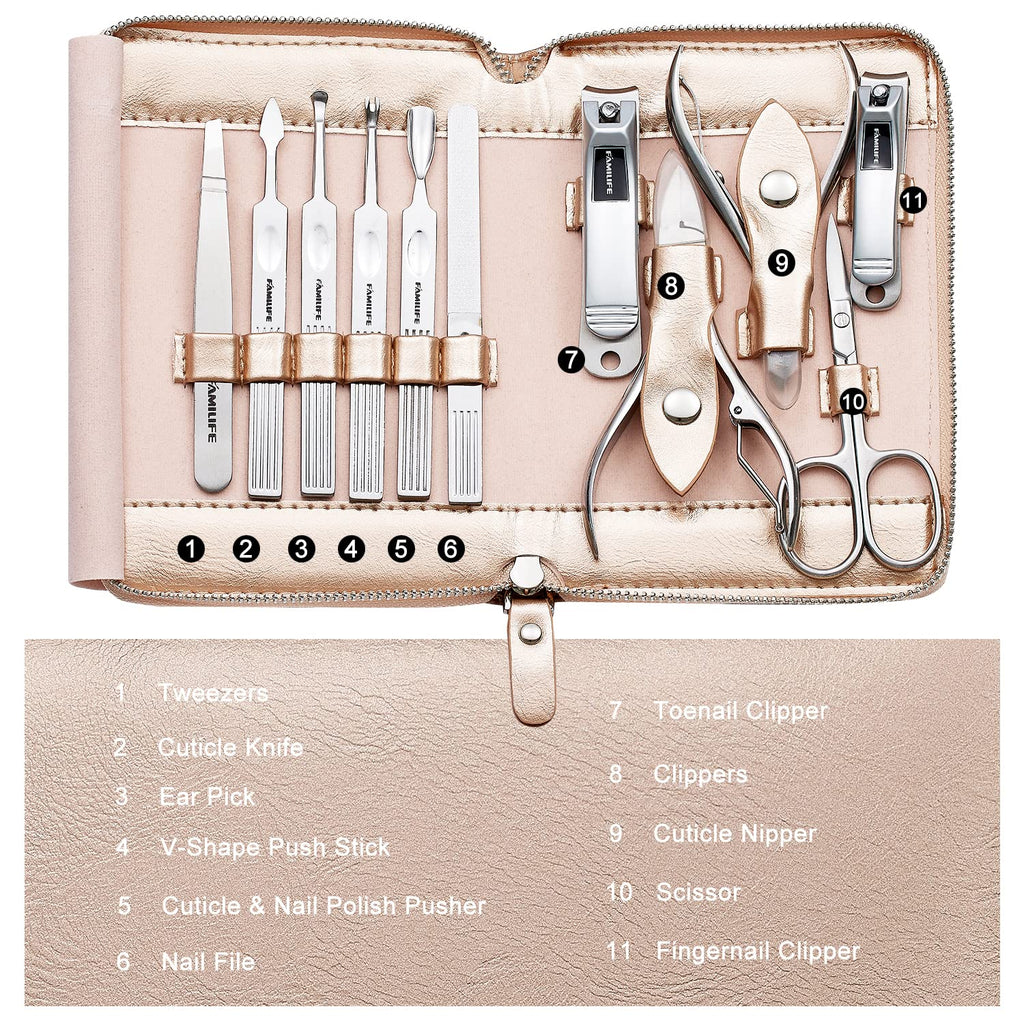 FAMILIFE Gifts for Women, Manicure Set Professional Manicure Kit 11 in 1 Nail Kit Nail Clippers Tools Stainless Steel with Rose Gold Leather Case Travel Sets - SkinNails&Makeup