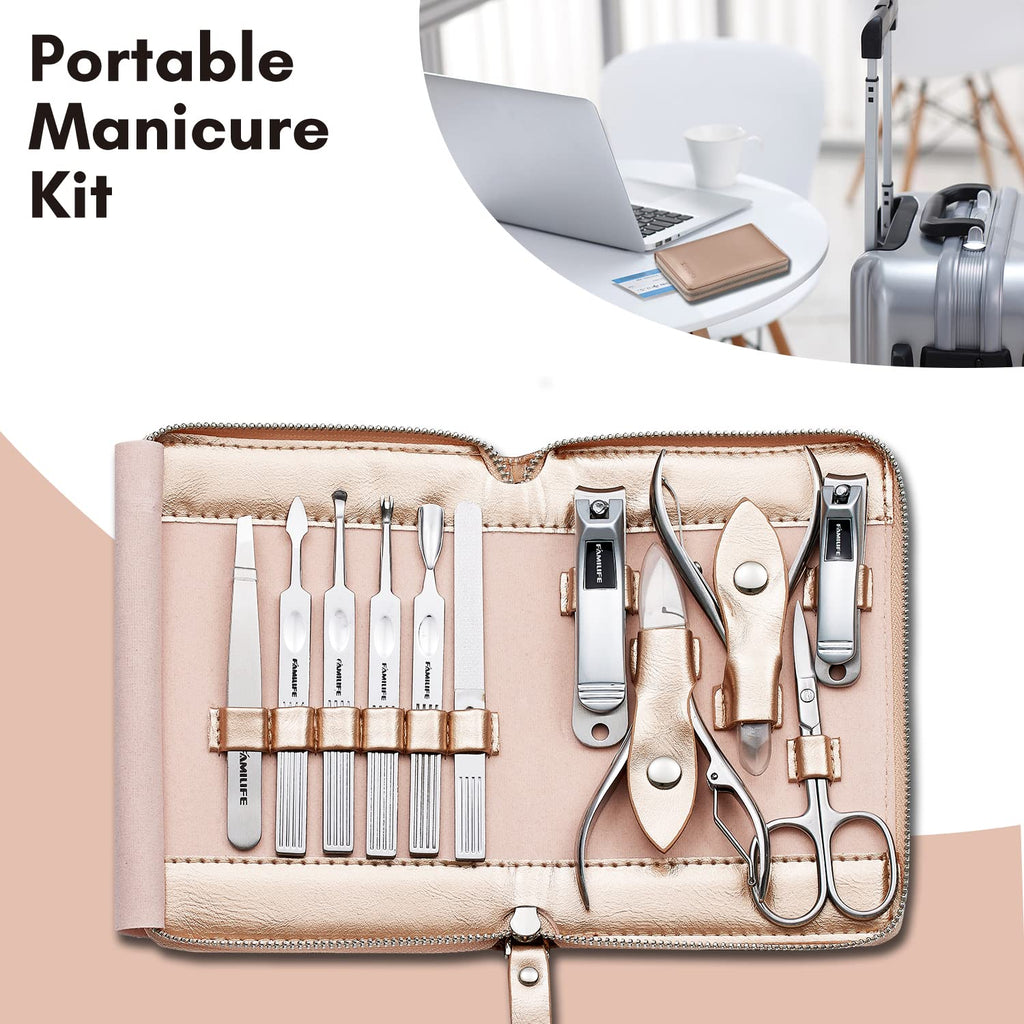 FAMILIFE Gifts for Women, Manicure Set Professional Manicure Kit 11 in 1 Nail Kit Nail Clippers Tools Stainless Steel with Rose Gold Leather Case Travel Sets - SkinNails&Makeup