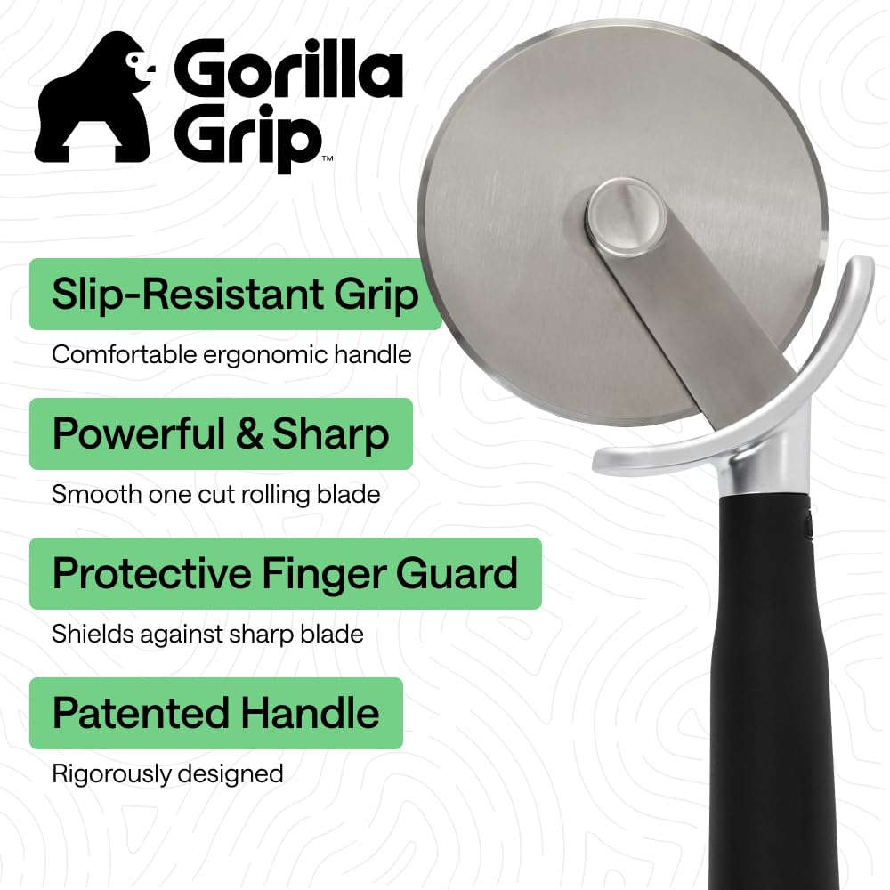 GORILLA GRIP Patented BPA - Free Large Pizza Cutter Wheel, 9 Inch, Extra Sharp Stainless Steel Blade, Slip Resistant Handle with Thumb Guard Protection, Slice Thick or Thin Pizzas, Pie, Pastries, Black - SkinNails&Makeup