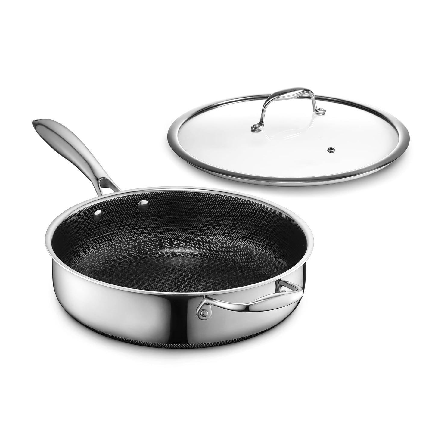 HexClad Hybrid Nonstick 3.3 - Quart Deep Sauté Pan with Tempered Glass Lid, Stay - Cool Handle, Dishwasher - Friendly, Oven - Safe Up to 900°F, Induction Ready, Compatible with All Cooktops - SkinNails&Makeup