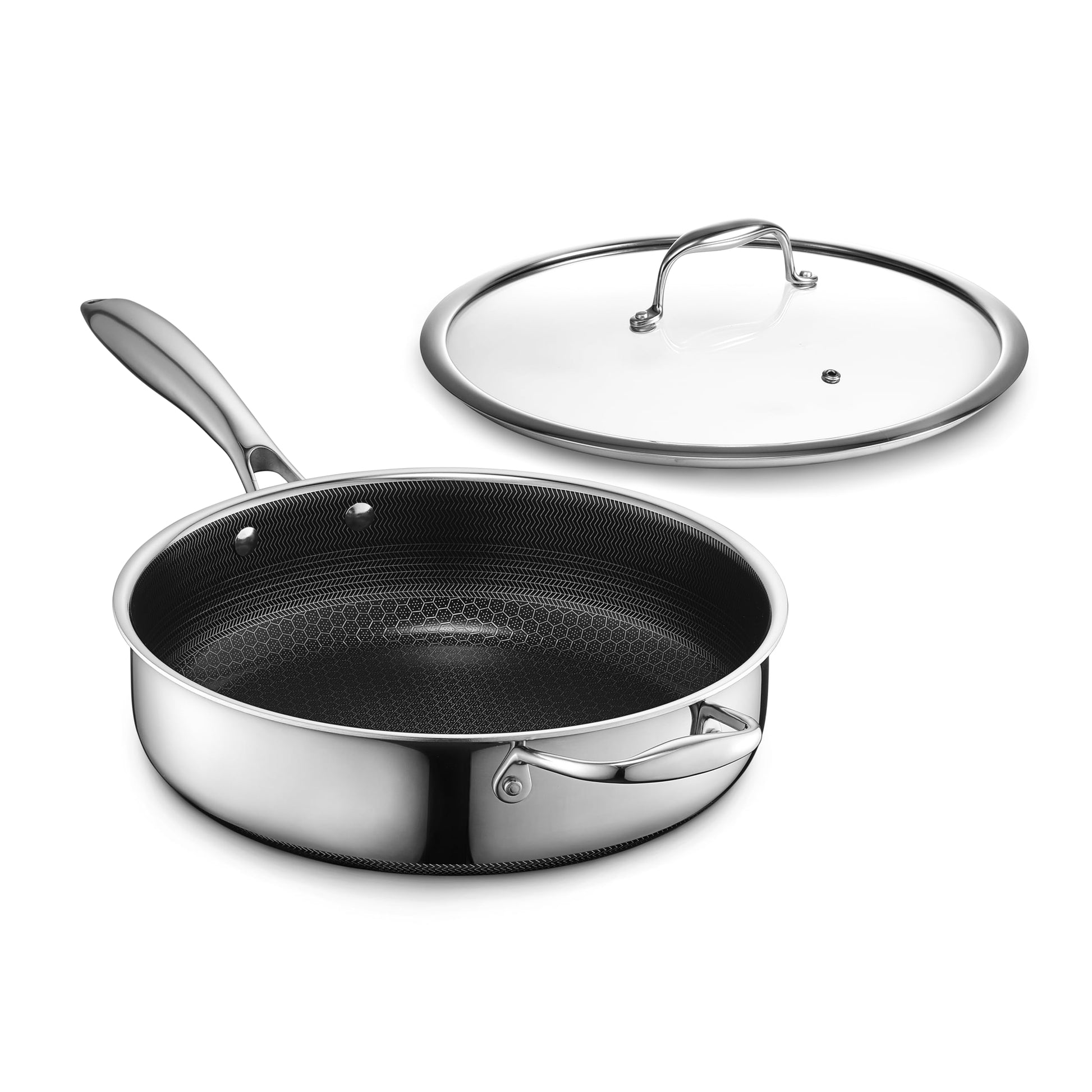 HexClad Hybrid Nonstick 3.3 - Quart Deep Sauté Pan with Tempered Glass Lid, Stay - Cool Handle, Dishwasher - Friendly, Oven - Safe Up to 900°F, Induction Ready, Compatible with All Cooktops - SkinNails&Makeup