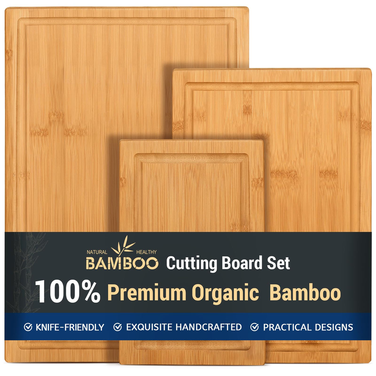 Hiware 3-piece Bamboo Cutting Boards for Kitchen, Heavy Duty Bamboo Cutting Board with Juice Groove, Wood Cutting Board Set for Meat, Vegetables - SkinNails&Makeup