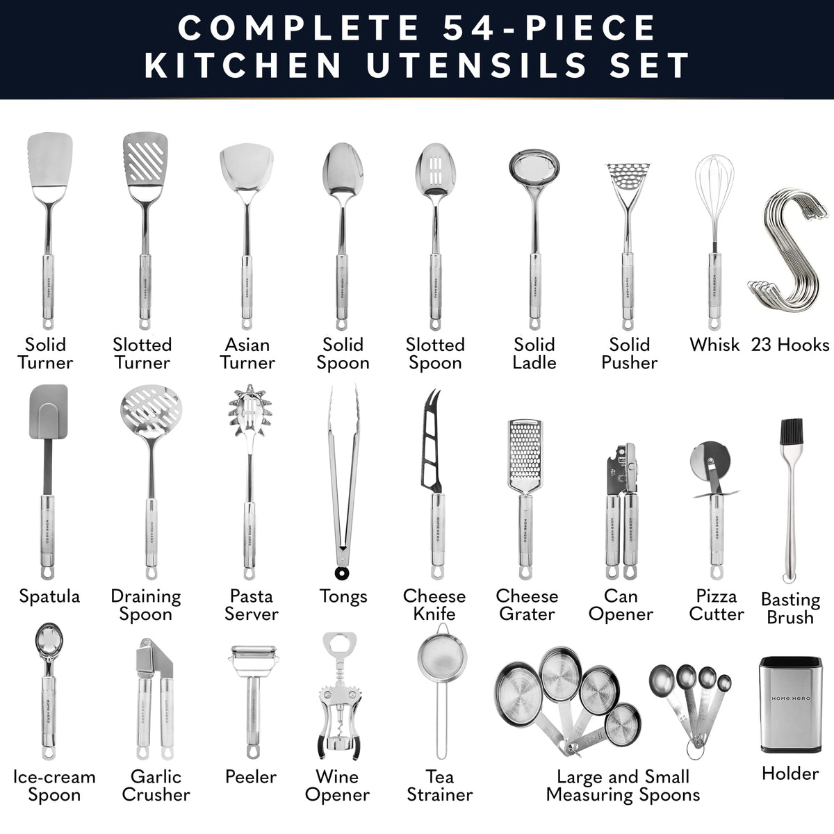 Home Hero 54-Piece Stainless Steel Kitchen Utensils Set - Heat-Resistant Nonstick Silicone & Stainless Steel Cooking Utensils - Complete Tools with Slotted Spoon & Pasta Spoon - Pack of 54, Silver - SkinNails&Makeup