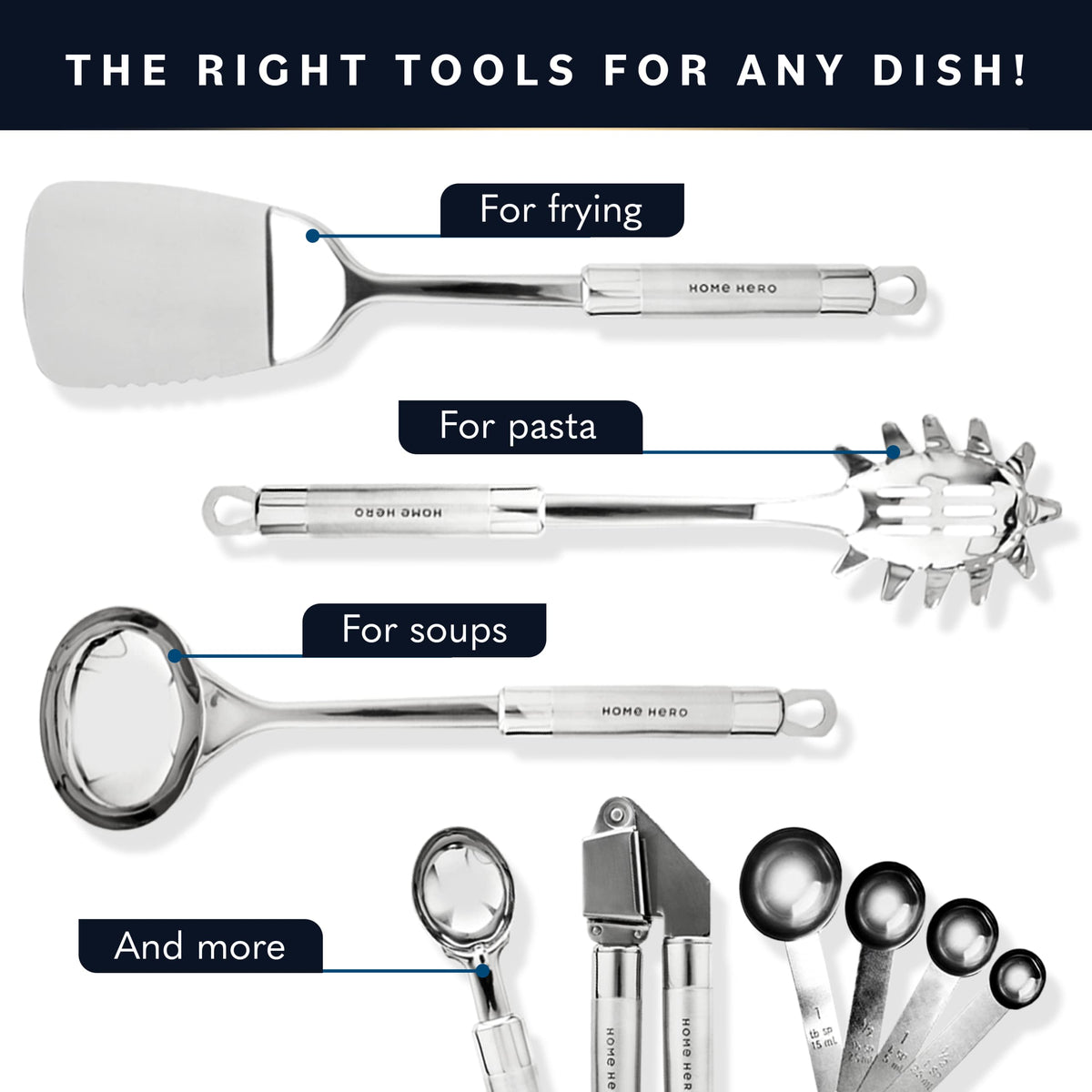 Home Hero 54-Piece Stainless Steel Kitchen Utensils Set - Heat-Resistant Nonstick Silicone & Stainless Steel Cooking Utensils - Complete Tools with Slotted Spoon & Pasta Spoon - Pack of 54, Silver - SkinNails&Makeup