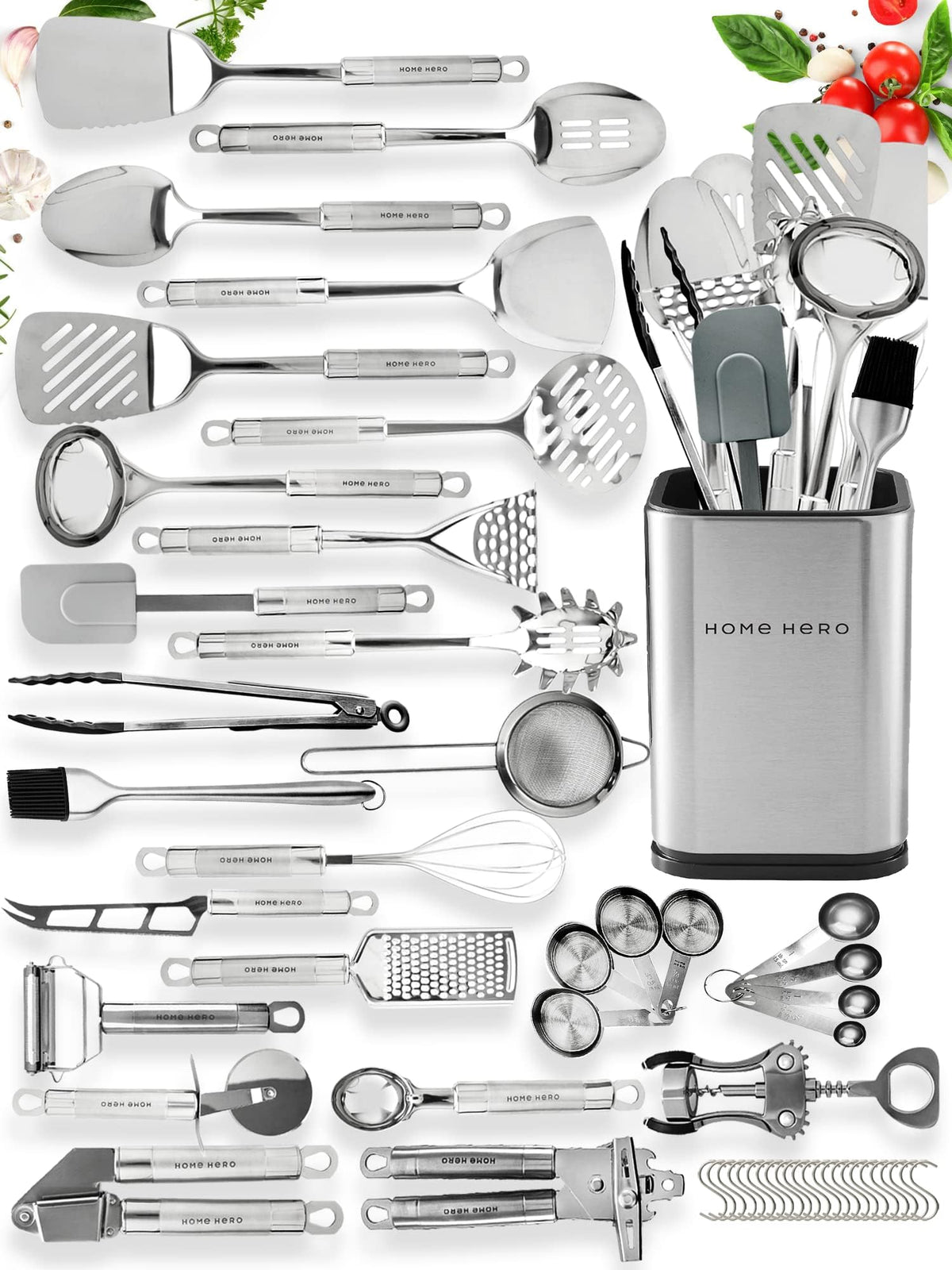 Home Hero 54-Piece Stainless Steel Kitchen Utensils Set - Heat-Resistant Nonstick Silicone & Stainless Steel Cooking Utensils - Complete Tools with Slotted Spoon & Pasta Spoon - Pack of 54, Silver - SkinNails&Makeup