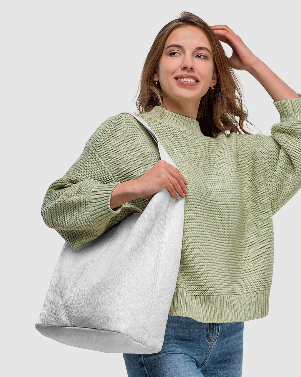 Italian Genuine Leather Hobo Bag for Women with Zipper | Large Soft Slouchy Shoulder Handbag Tote Bucket Purse Pocketbook (White) - SkinNails&Makeup