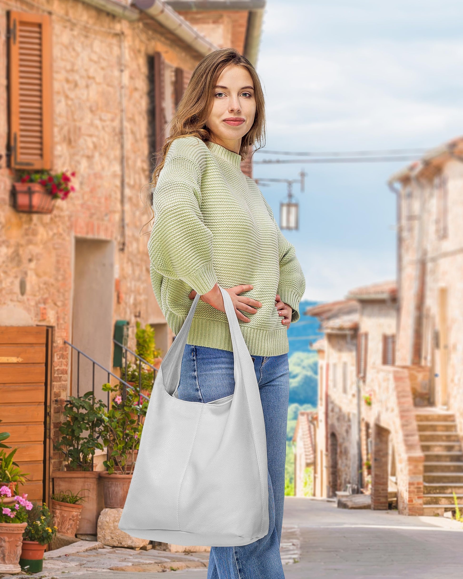 Italian Genuine Leather Hobo Bag for Women with Zipper | Large Soft Slouchy Shoulder Handbag Tote Bucket Purse Pocketbook (White) - SkinNails&Makeup