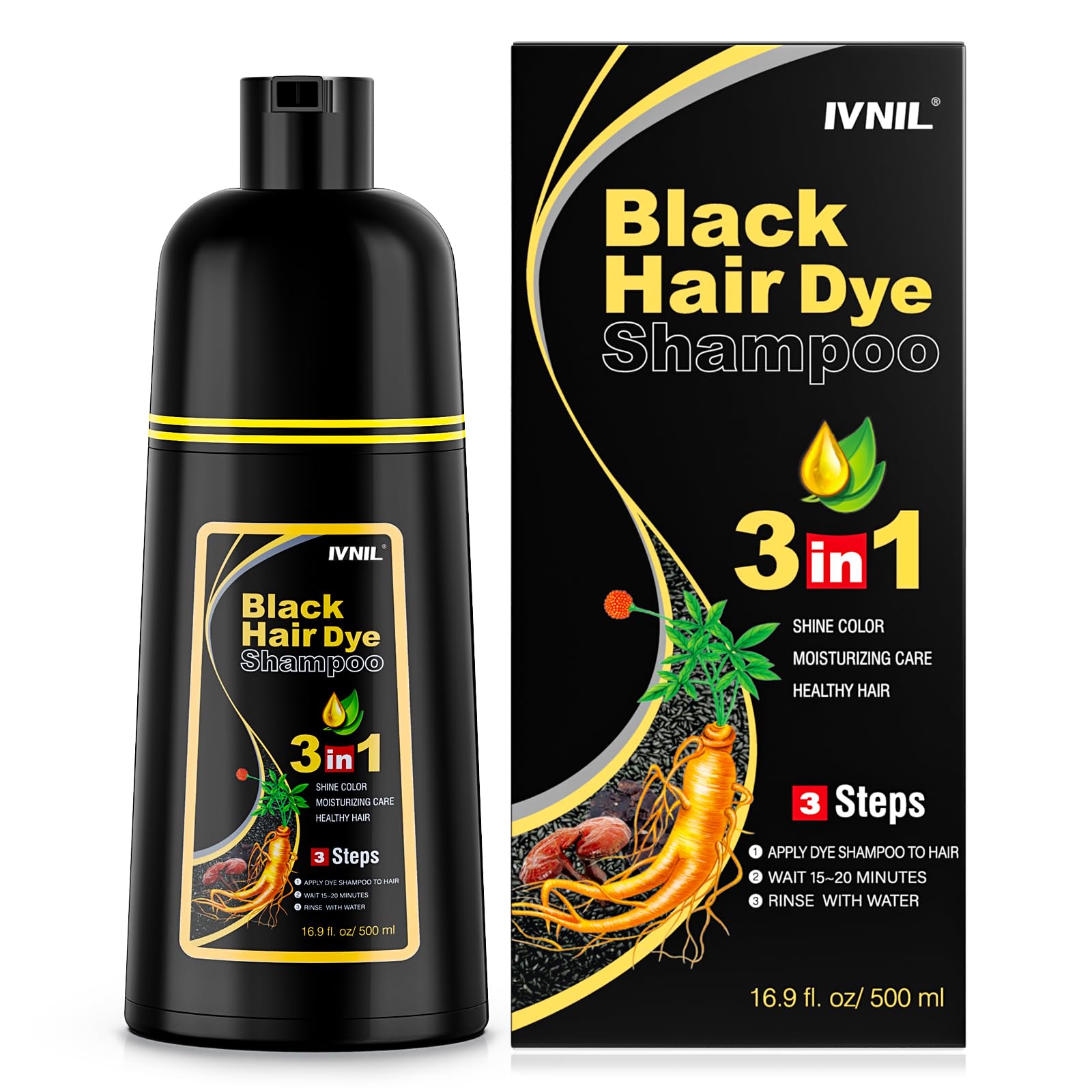 Ivnil Black Hair Dye Shampoo 3 in 1 Color Shampoo for Women & Men for Gray Hair Coverage for Instant Champu Para Canas - SkinNails&Makeup
