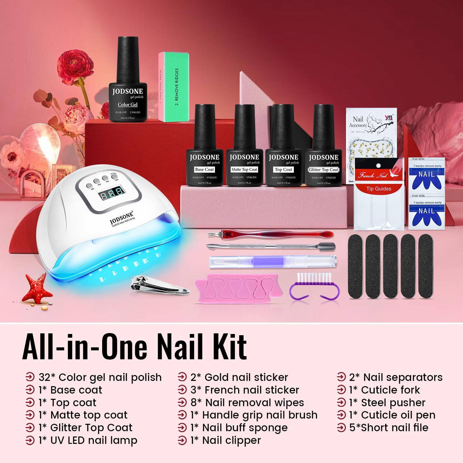 JODSONE Gel Nail Polish Kit with U V Light 32 Colors Gel Polish Nail + 4 Functional Adhesive Bottles Kit Soak Off Manicure Tools Gifts for Women - My Store