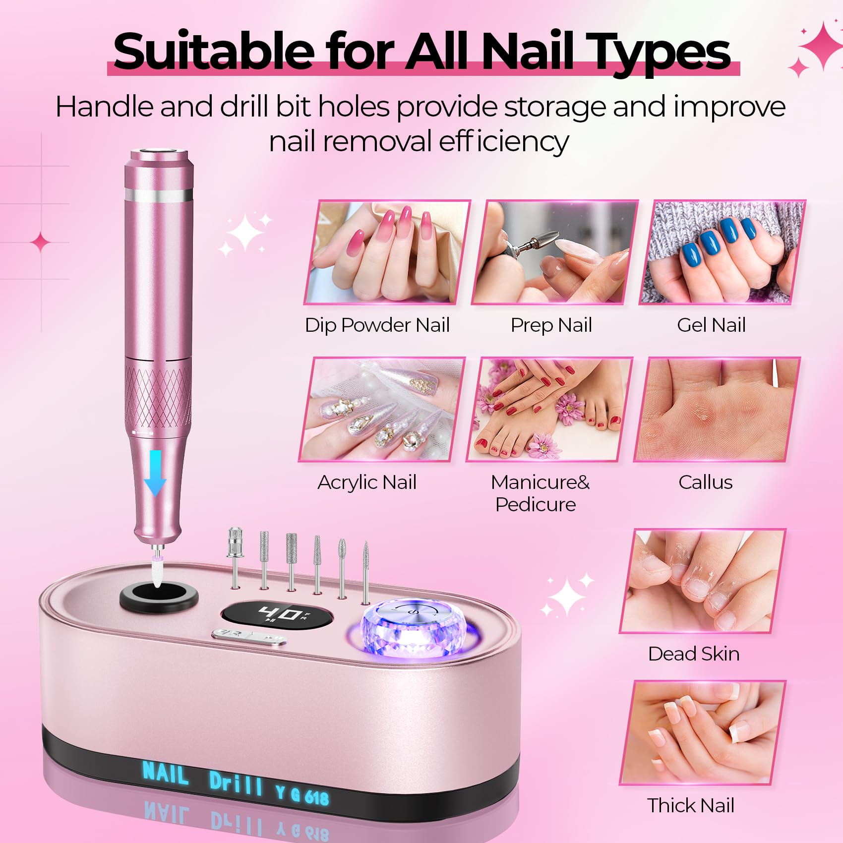 JOSGLOI 40000RPM Electric Nail File Drill Professional Kit, Drill Machine with LCD Display, Manicure Pedicure Polishing Acrylic Gel Nail Grinder for Salon, Home Use - SkinNails&Makeup
