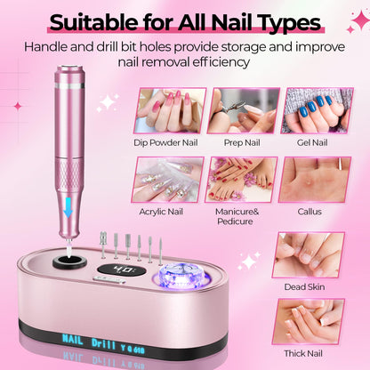 JOSGLOI 40000RPM Electric Nail File Drill Professional Kit, Drill Machine with LCD Display, Manicure Pedicure Polishing Acrylic Gel Nail Grinder for Salon, Home Use - SkinNails&Makeup
