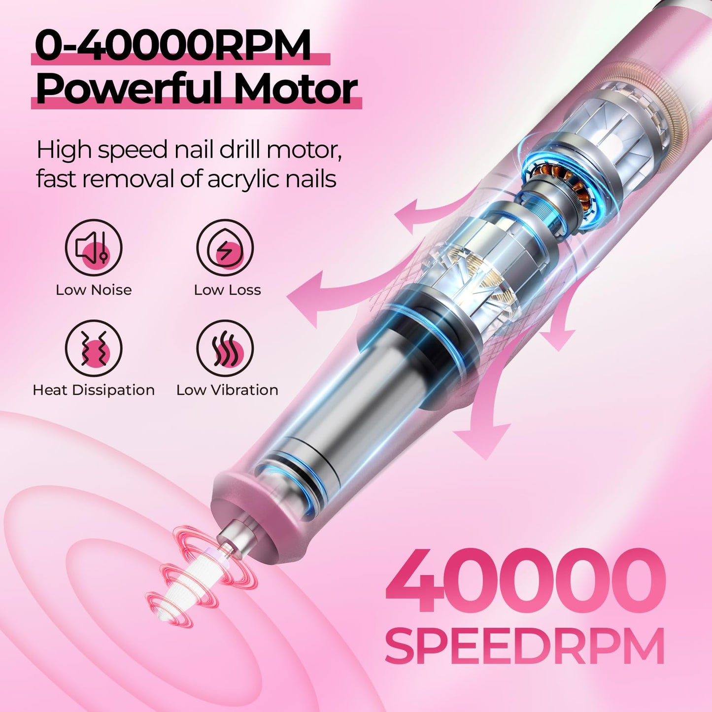 JOSGLOI 40000RPM Electric Nail File Drill Professional Kit, Drill Machine with LCD Display, Manicure Pedicure Polishing Acrylic Gel Nail Grinder for Salon, Home Use - SkinNails&Makeup